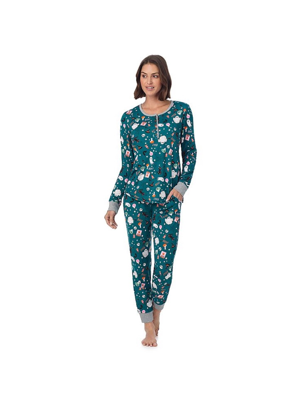 Cuddl Duds NWT Teal Holiday Print Long-Sleeve Pajama Set - Picture 1 of 4